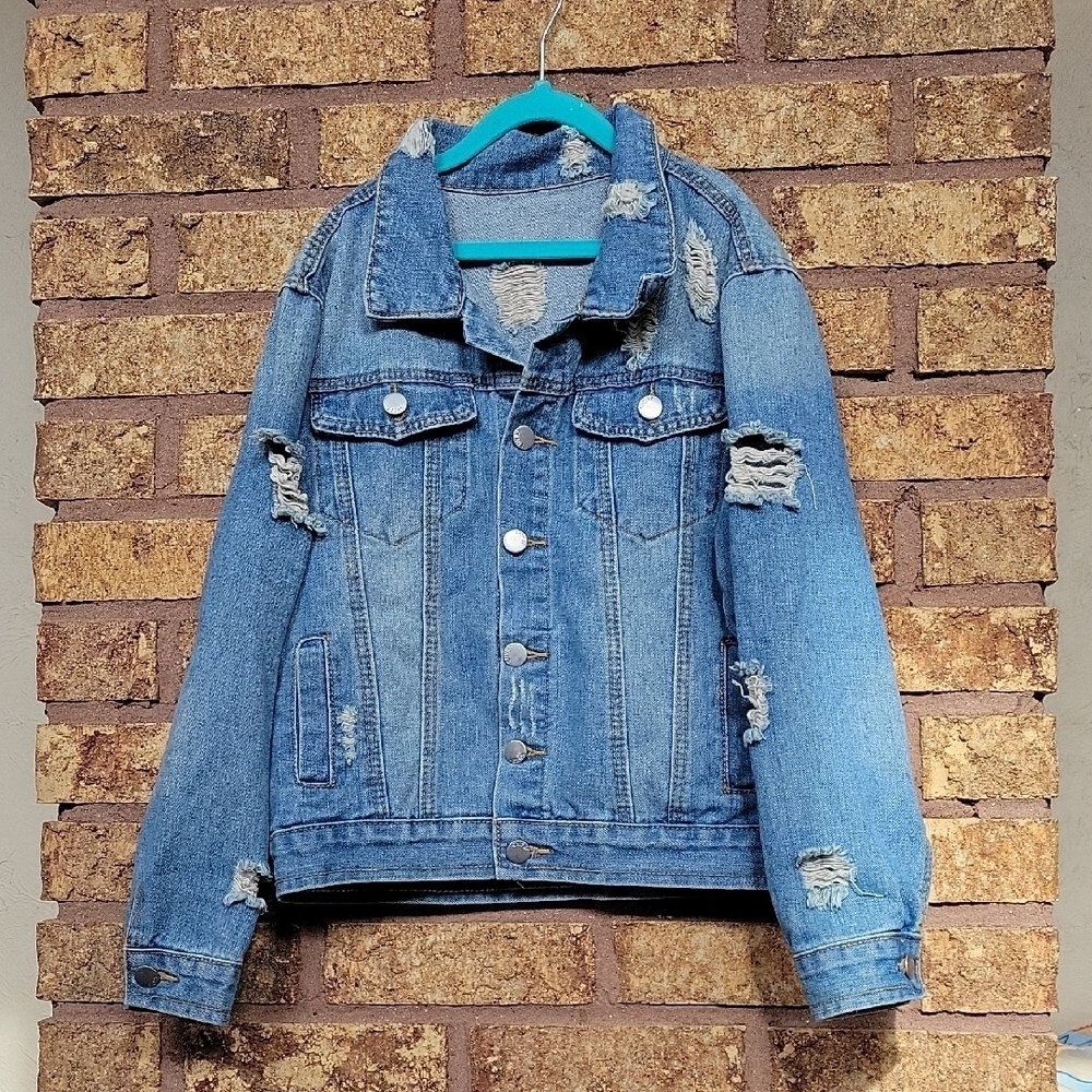 Shein Distressed Blue Denim Jacket Size Small